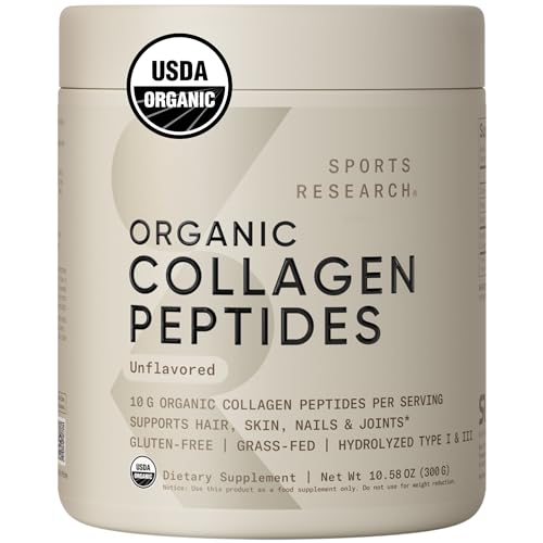 Sports Research Organic Collagen Peptides - Hydrolyzed Type I & III Collagen Protein Powder Made Sustainably from Grass-Fed Cows - Unflavored - 30 Servings